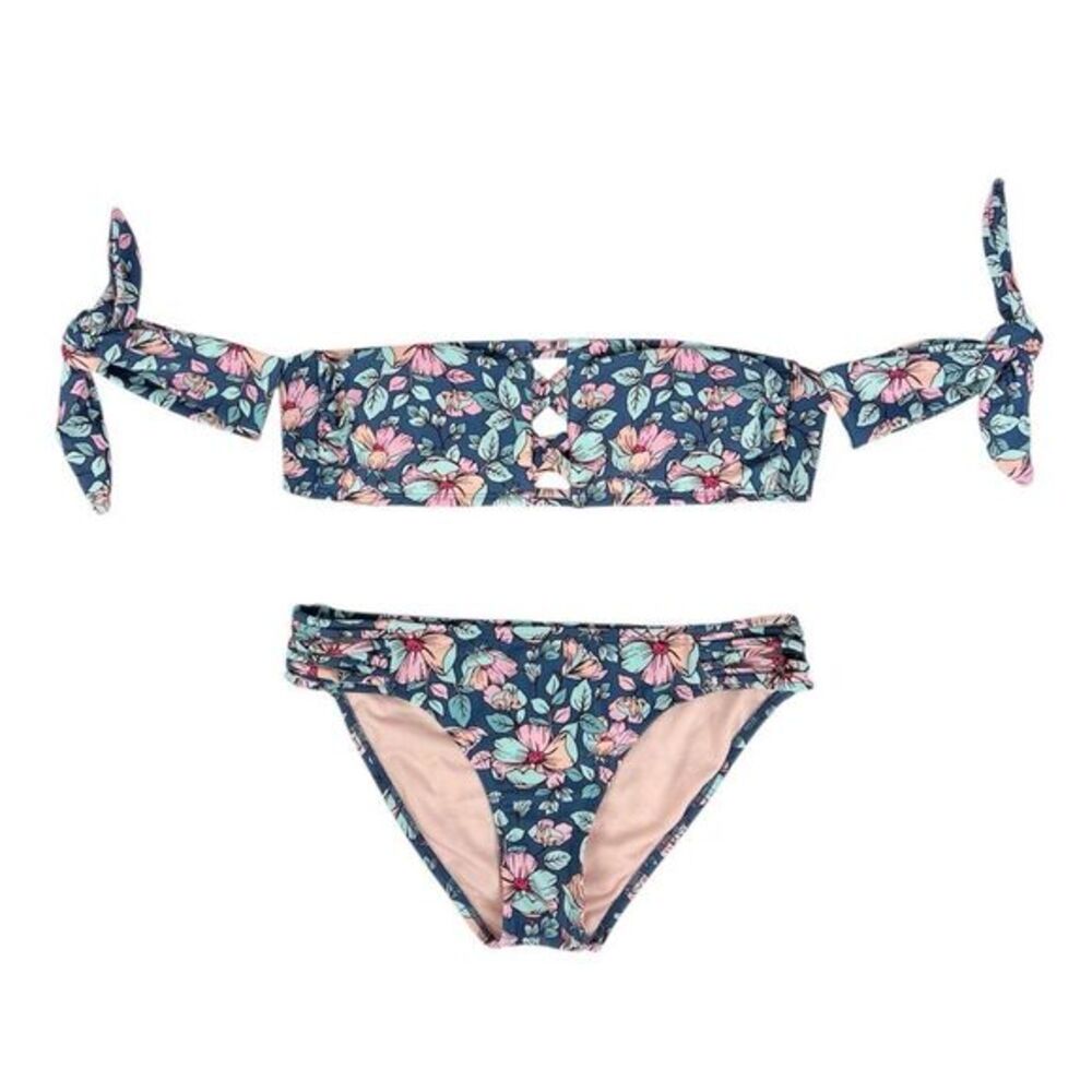 Xhilaration Dusty Blue Floral Strapless Bandeau Bikini Size Medium